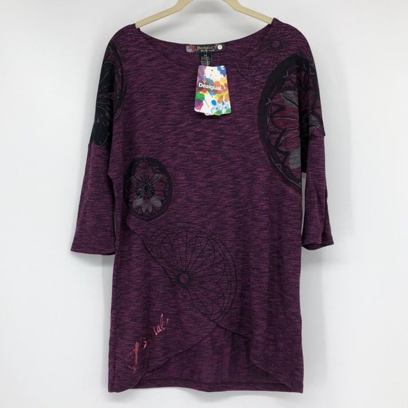 Desigual NWT Purple Heathered Regina graphic tulip hem 3/4 sleeve shirt SP - Picture 15 of 16